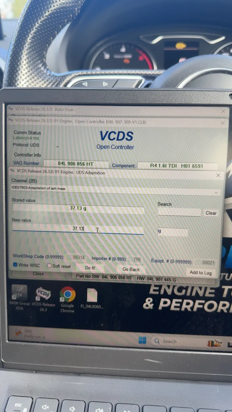 VCDS vehicle diagnostics running on a workshop laptop